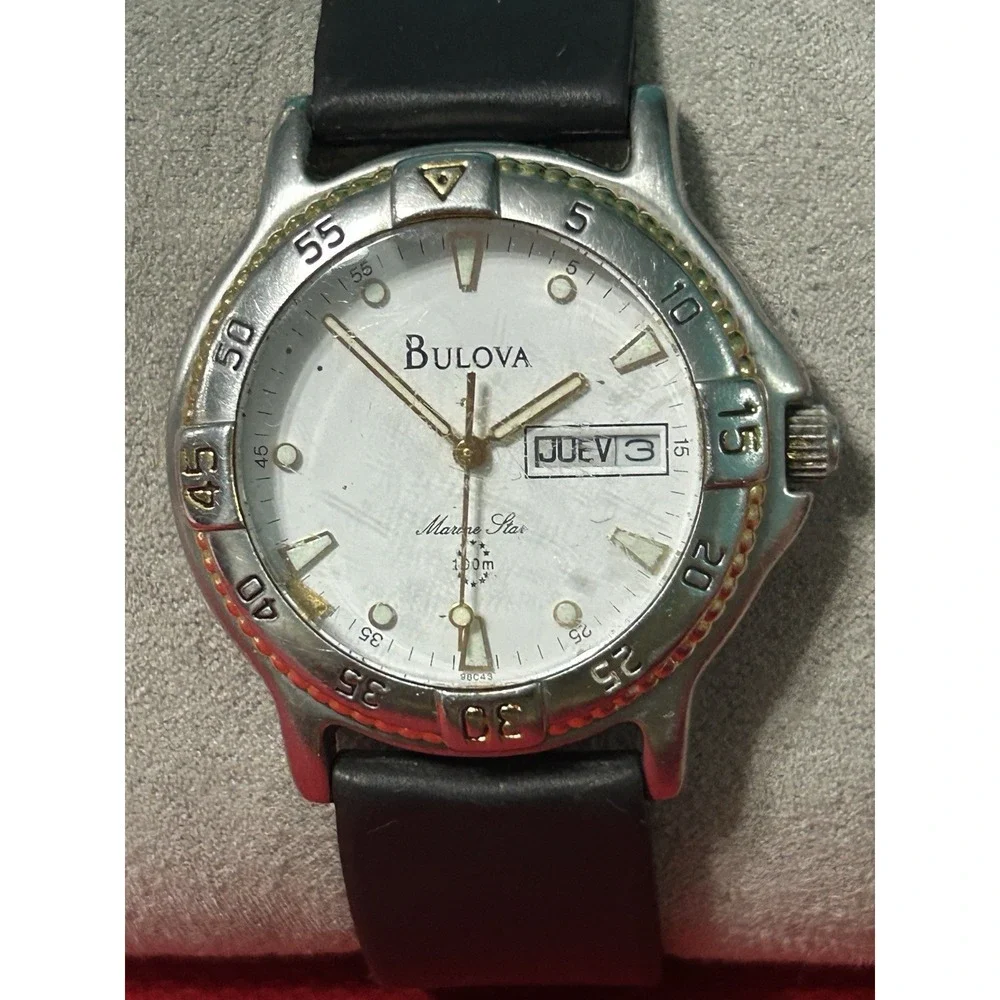 Bulova Marine Star Two-Tone Diver Day-Date White Dial Mens Watch READ